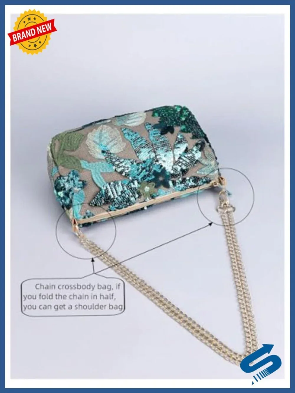 Sequin Floral Embroidered Evening Clutch Purse with Chain Strap | Wedding Guest